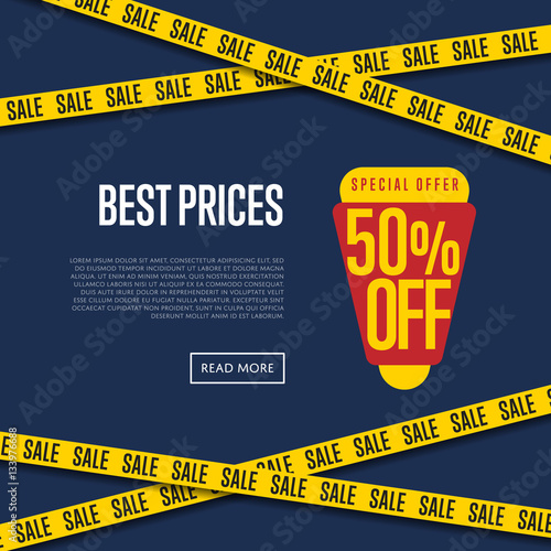 Best price website template vector illustration. 50% off discount tag, special offer promo, advertisement retail banner, super sale flyer, exclusive shopping poster. Modern graphic style offer concept