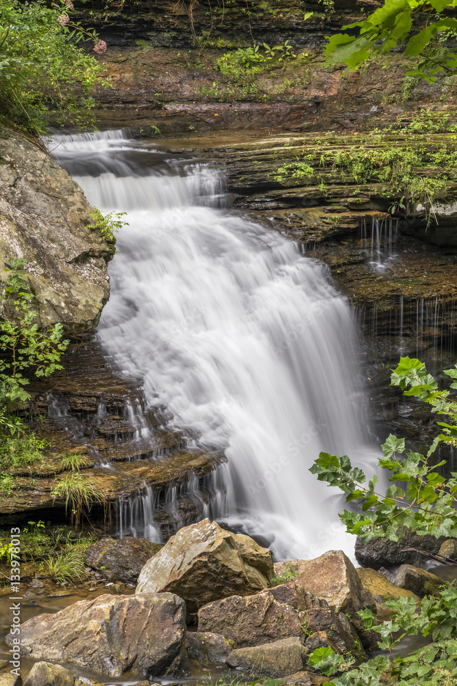 Fototapeta premium Laurel Creek splashes over a beautiful waterfall in Fayette County, West Virginia's New River Gorge region.