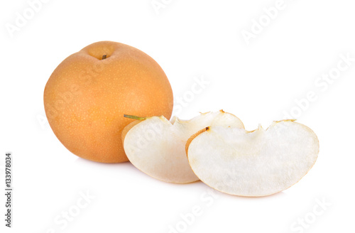 whole and portion cut snow pear or Fengsui pear on white backgro