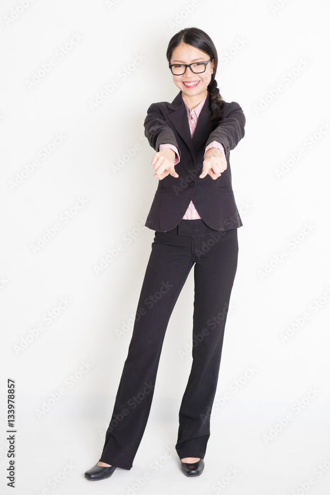 Asian businesswoman fingers pointing on you Asian businesswoman fingers pointing on you
