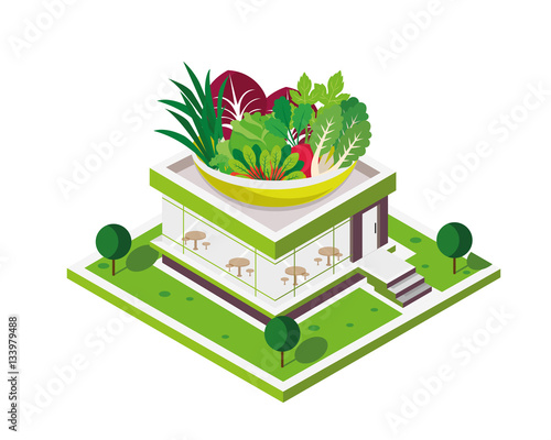 Modern Isometric Commercial Restaurant Building - Vegetarian Restaurant