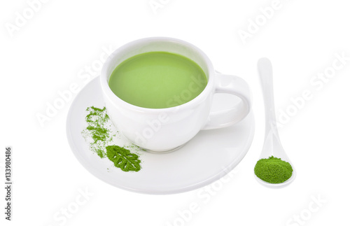Cup of matcha latte on white background
