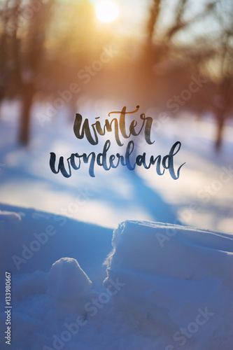 Vertical picture with winter sunset, Inspirational quote with the sunset winter forest on the background, Creative collage, Beauty winter world.