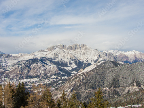 Wonderful panorama from Monte Pora to Presolana after a snowfall. Orobie Prealps, Bergamo, Lombardy, Italy.