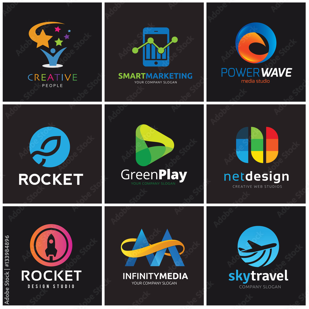 Creative logo set marketing design idea media play rocket infinity travel template. Creative logo set marketing design idea media play rocket infinity travel template.