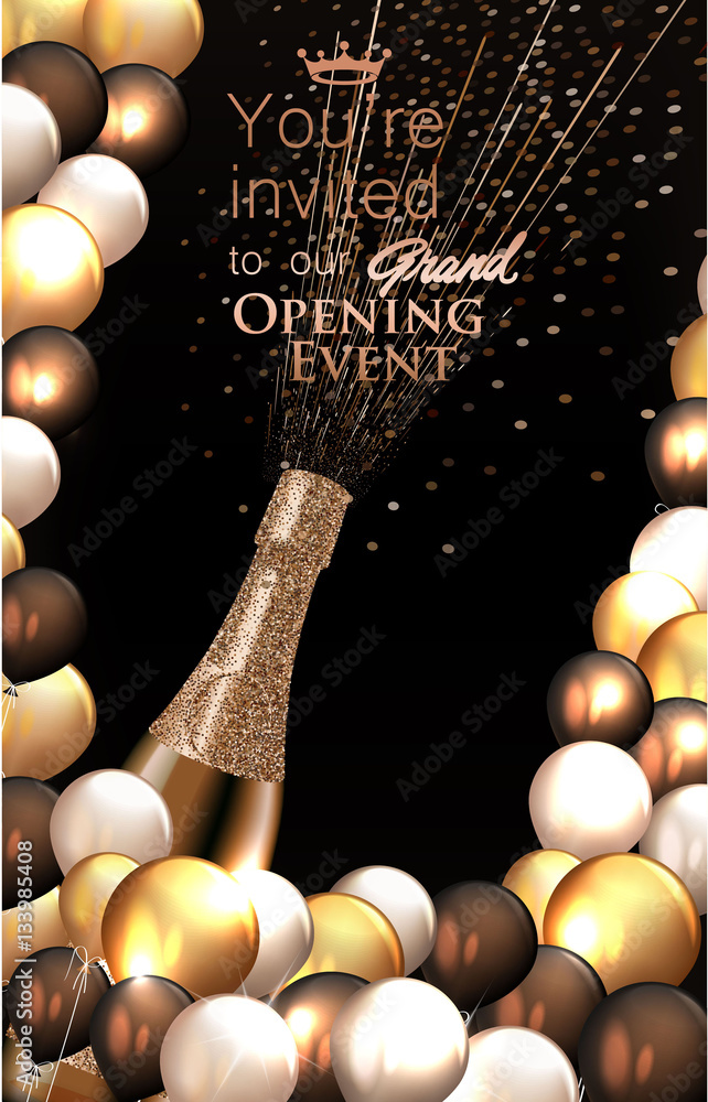 Grand opening background with air balloons, bottle of champagne. Vector