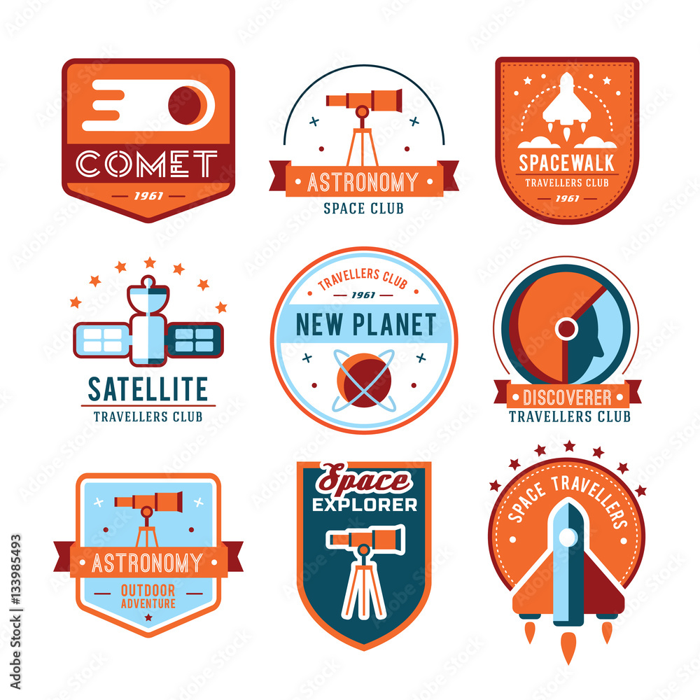 Fototapeta Vintage space and astronaut badges or labels set.