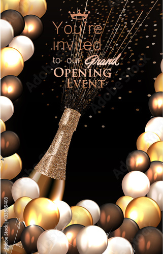 Grand opening background with air balloons, bottle of champagne. Vector illustration