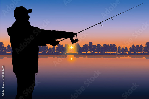 Fishing vector. Silhouette of fisherman on sunset background
