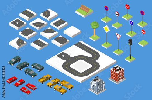 Set Isometric road and Vector Cars, Common road traffic regulatory, Building with a windows and air-conditioning. Vector illustration eps 10 isolated on background.