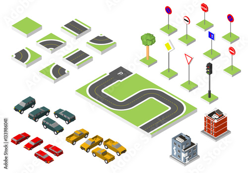 Set Isometric road and Vector Cars, Common road traffic regulatory, Building with a windows and air-conditioning. Vector illustration eps 10 isolated on background.