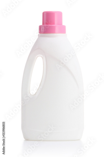 white plastic bottle with red cap isolated on a white background for liquid laundry detergent or cleaning agent or bleach or fabric softener.