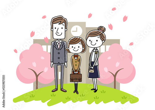 入学式イメージ：両親と女の子
