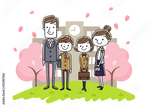 入学式イメージ：両親と男の子と女の子
