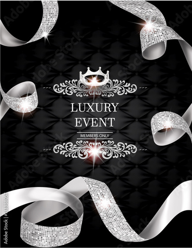 Elegant vintage invitation card with silk textured curled gold ribbons and leather background