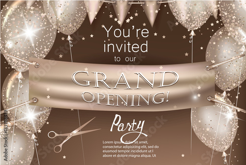 Grand opening beige background with banner, air balloons and flags. Vector illustration