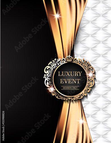 Luxury event elegant card with gold fabric, leather background, vintage frame. Vector illustration