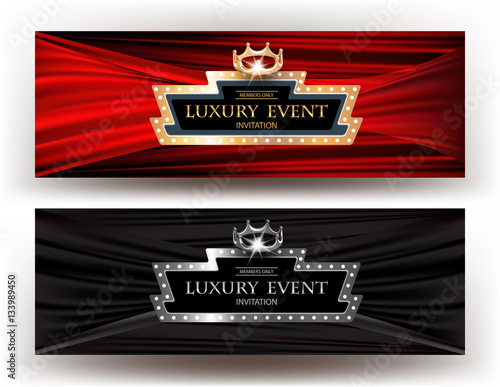 LUXURY EVENT INVITATION BANNERS WITH RETRO FRAME, CROWN and FABRIC BACKGROUND. VECTOR ILLUSTRATION