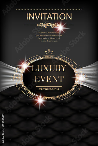 Luxury event invitation card with vintage frame, leather background and floral design elements. Vector illustration