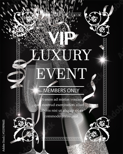 Luxury event invitation shiny banner WITH silver  TEXTURED SERPENTINE, GLASSES AND BOTTLE OF CHAMPAGNE. VECTOR ILLUSTRATION