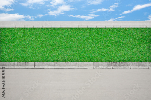 Roadside view, blank wall and blue sky