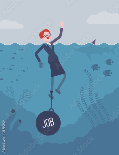 Businesswoman drowning chained with a weight Job