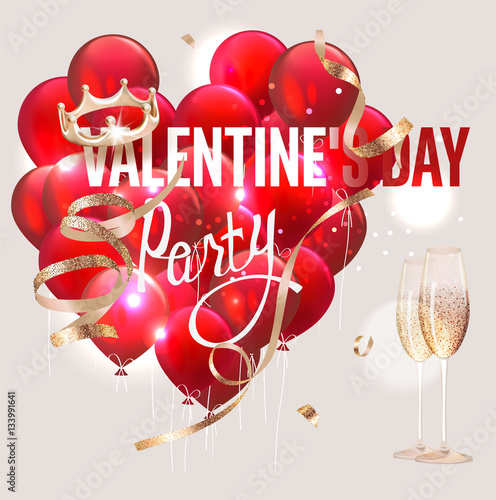 Valentine's Day party invitation card with red air balloons, gold serpentine and glasses of champagne. Vector illustration
