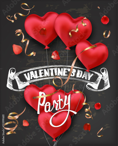 Valentine's Day party invitation card with red heart shaped air balloons and blackboard background. Vector illustration