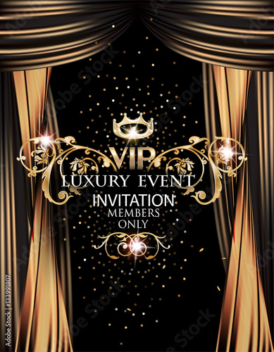 VIP elegant luxury event invitation card with gold theater curtains. Vector illustration