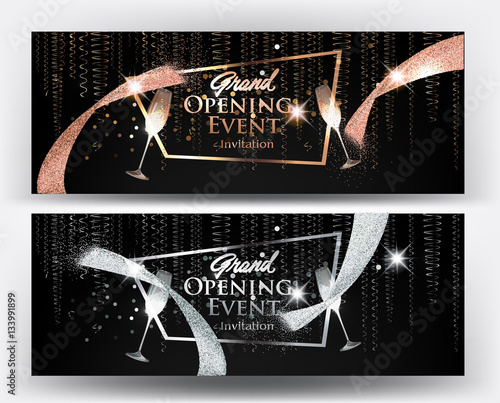 VIP gold and silver banners with serpentine, cut ribbon and glasses of champagne. Vector illustration