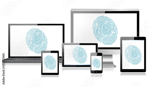 Fingerprint Recognition on Realistic mobile and computer devices with laptop, tablet, mini tablet and smartphone - each device grouped and on a separate layer with reflections, EPS10