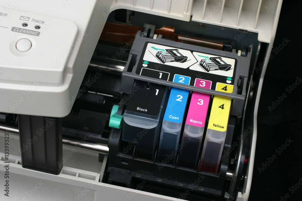 Third party ink cartridge set in computer inkjet printer. Third party ink cartridge set in computer inkjet printer.