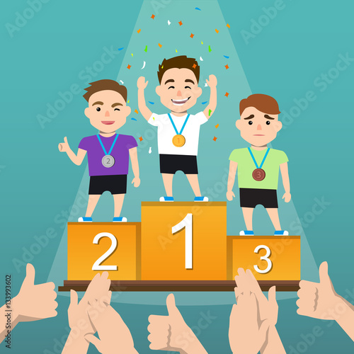 Three athletes with medals on a pedestal.