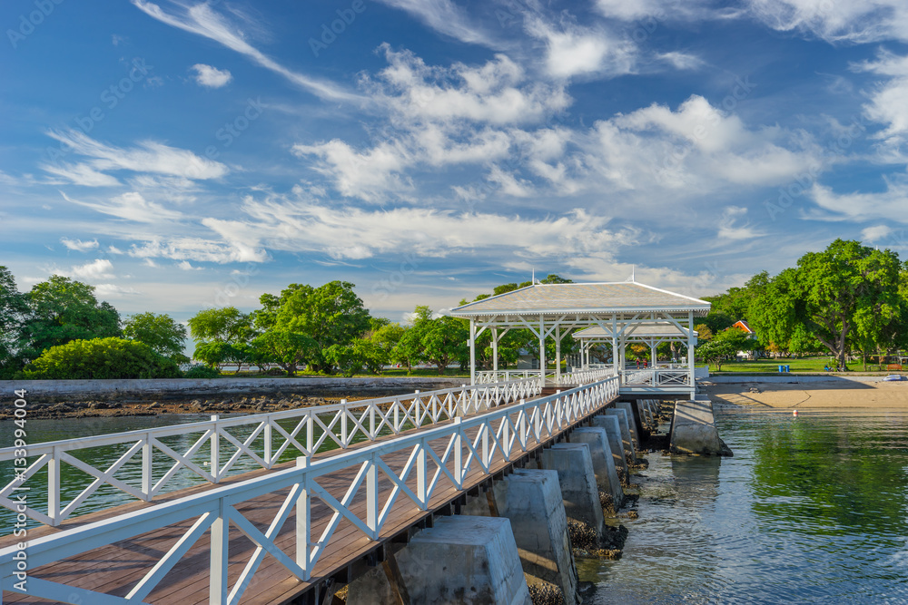 Fototapeta premium Historical Asdang white sea bridge, Sichang island, Thailand
