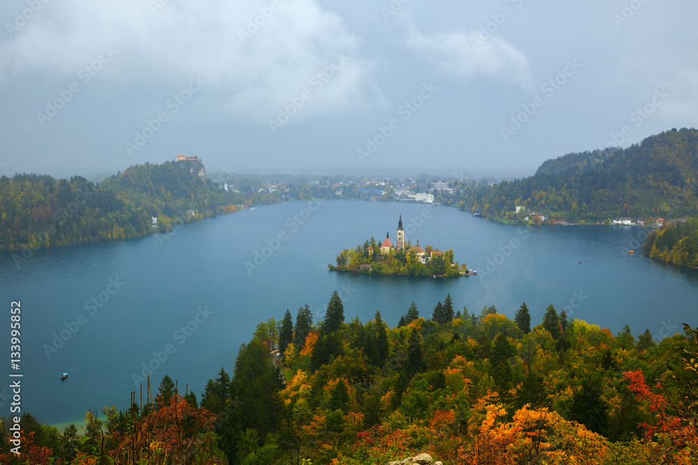 Bled with lake, island and mountains in background, Slovenia