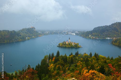 Bled with lake, island and mountains in background, Slovenia