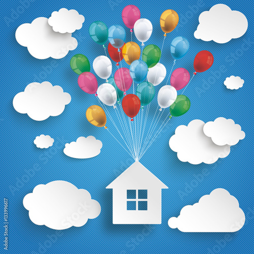 Paper Clouds Striped Blue Sky Balloons House