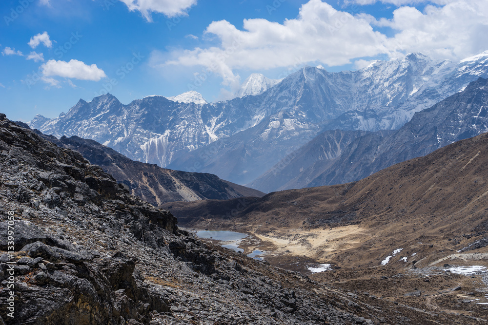 Landscape of Himalaya mountain range after cross Renjo la pass,