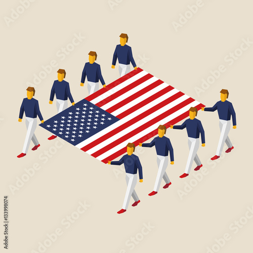 Eight people hold big flag of United States. 3D isometric USA standard bearers. American sport team. Simple vector illustration for infographic.