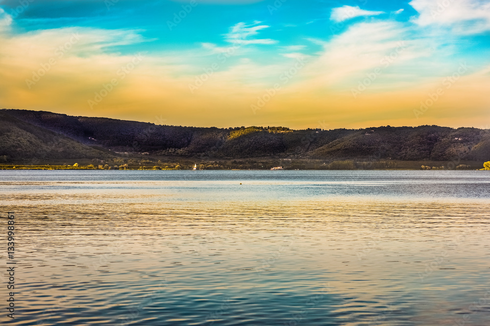 Fototapeta premium Lake Vico in the province of Viterbo at sunset.