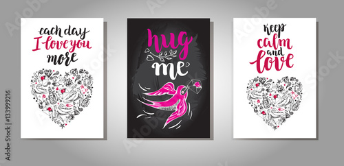 Set of greeting cards. Backgrounds with calligraphy brush lettering and hand drawn elements. Template cards, banners or poster for Valentine's Day. Vector illustration.