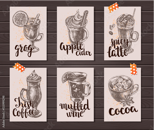 Set of cards with warming drinks on a wooden background. Posters with hand drawn elemens and lettering. Cafe menu template, vector illustration.