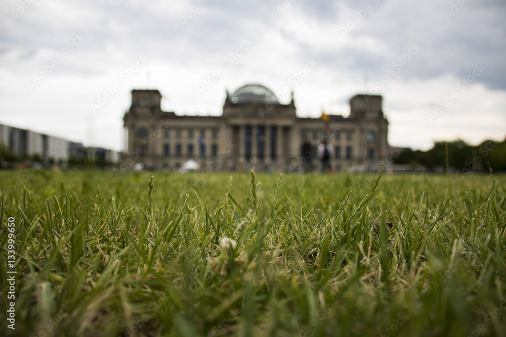 green lawn with the blurred Reichstag building in background