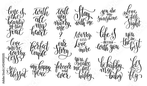 set of black and white hand written lettering about love