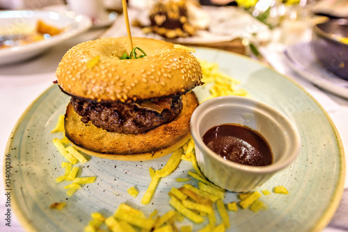 Delicious burger at a restaurant Barcelona, Spain