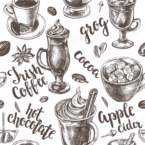 Seamless pattern with lettering and hand drawn warming drinks - Irish coffee, apple cider, cocoa, grog, hot chocolate. Vector illustration.