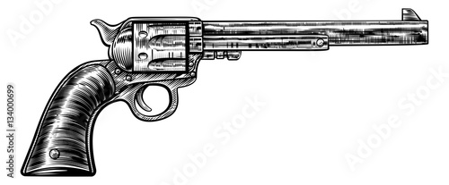 Fotografia, Obraz Pistol Gun Vintage Retro Woodcut Style