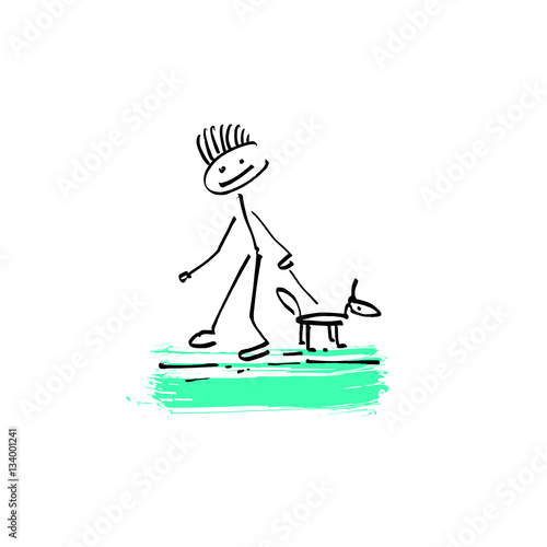 drawing sketch doodle human stick figure man walking with a dog