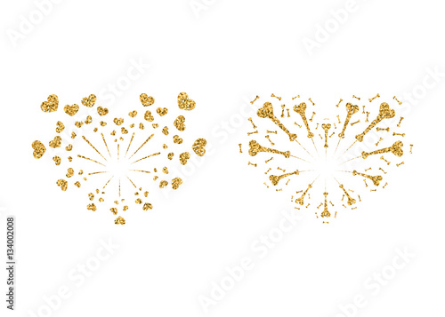 Heart fireworks set gold. Beautiful flat golden firework isolated on white background. Bright decoration design Valentine day, romantic love card, wedding celebration, festival Vector illustration