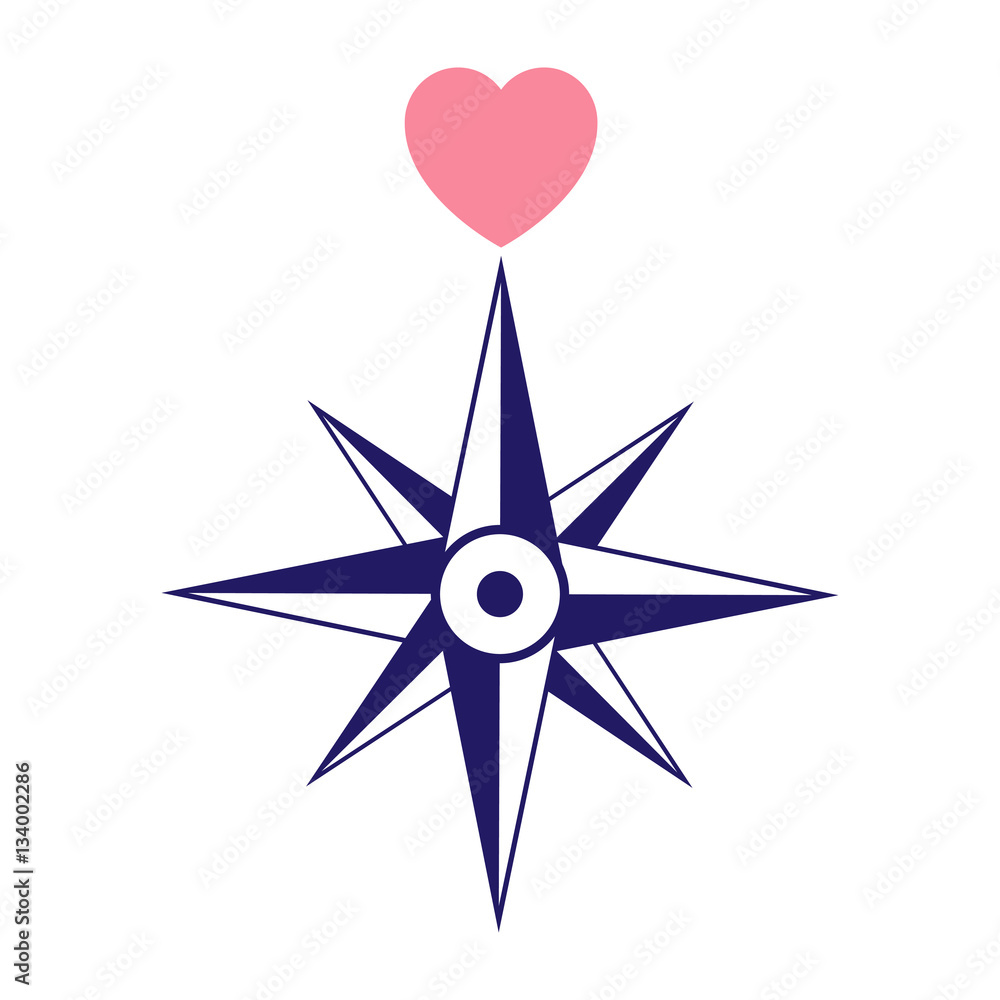Icono plano Rosa de los vientos con corazon rosa en fondo blanco Icono plano Rosa de los vientos con corazon rosa en fondo blanco